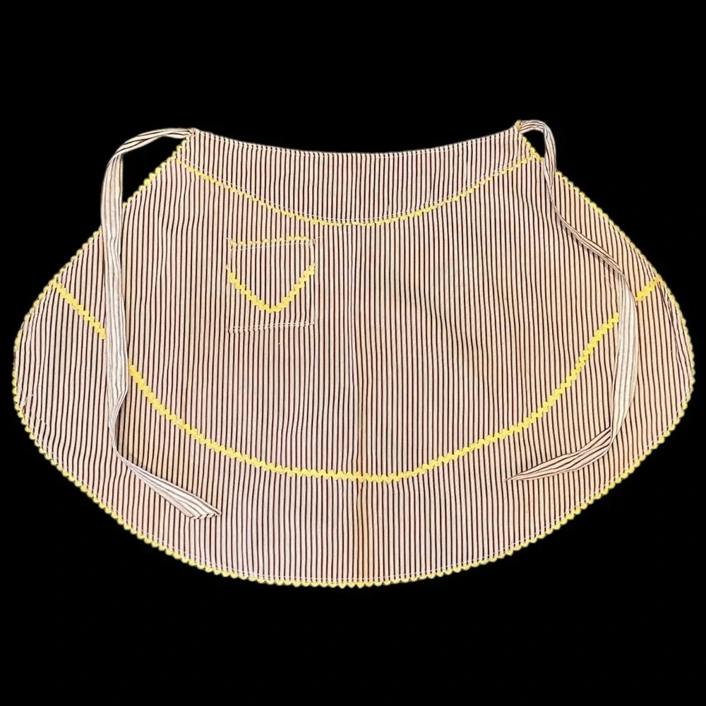 Vintage Apron Handmade Pocket Brown Candy‎ Stripe Yellow Rick Rack